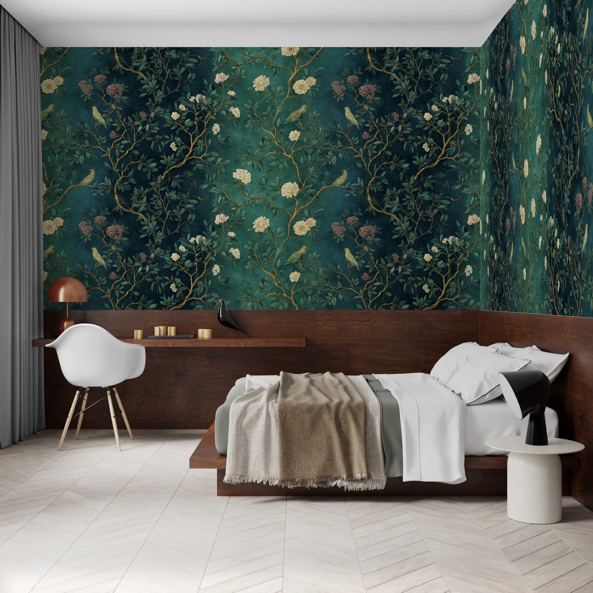 Chinoiserie Botanical Wallpaper Elegant Green Floral Bird Wall Art YM-06010
