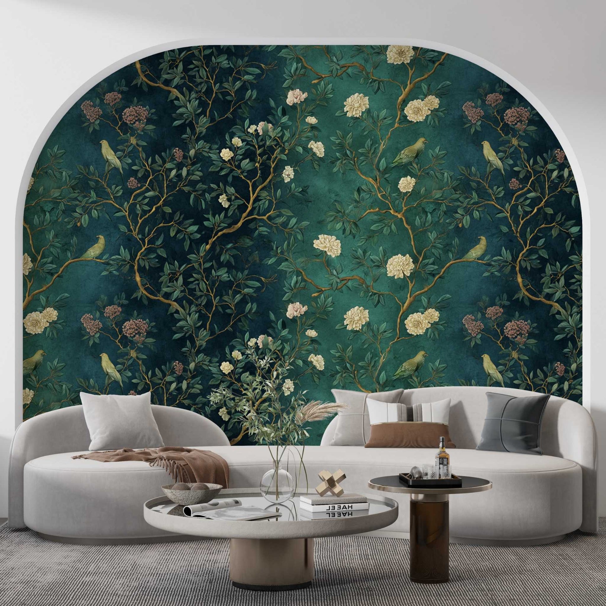 Chinoiserie Botanical Wallpaper Elegant Green Floral Bird Wall Art YM-06010