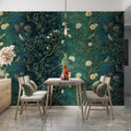 Chinoiserie Botanical Wallpaper Elegant Green Floral Bird Wall Art YM-06010