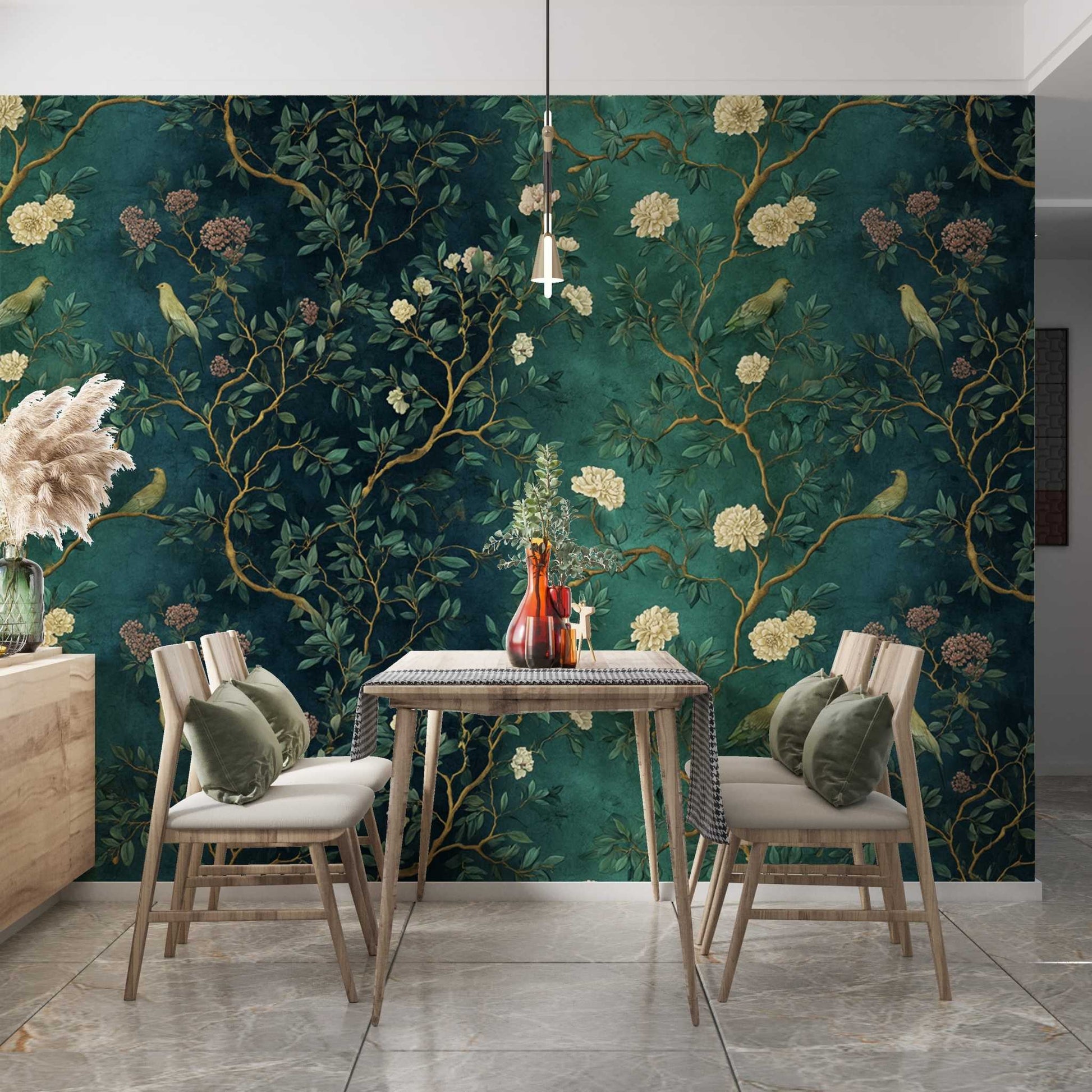 Chinoiserie Botanical Wallpaper Elegant Green Floral Bird Wall Art YM-06010