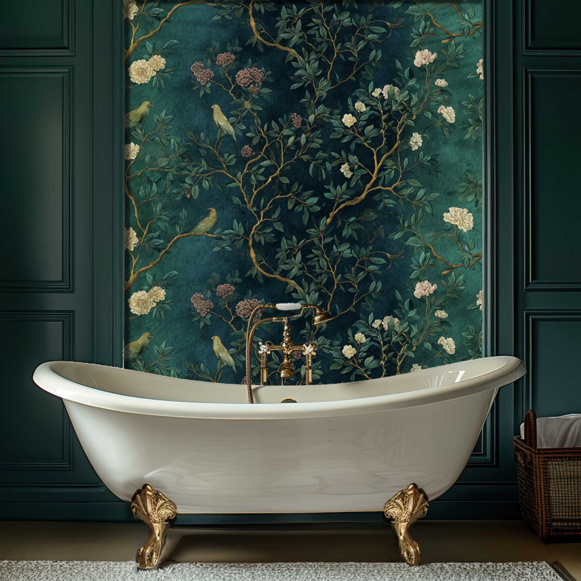 Chinoiserie Botanical Wallpaper Elegant Green Floral Bird Wall Art YM-06010