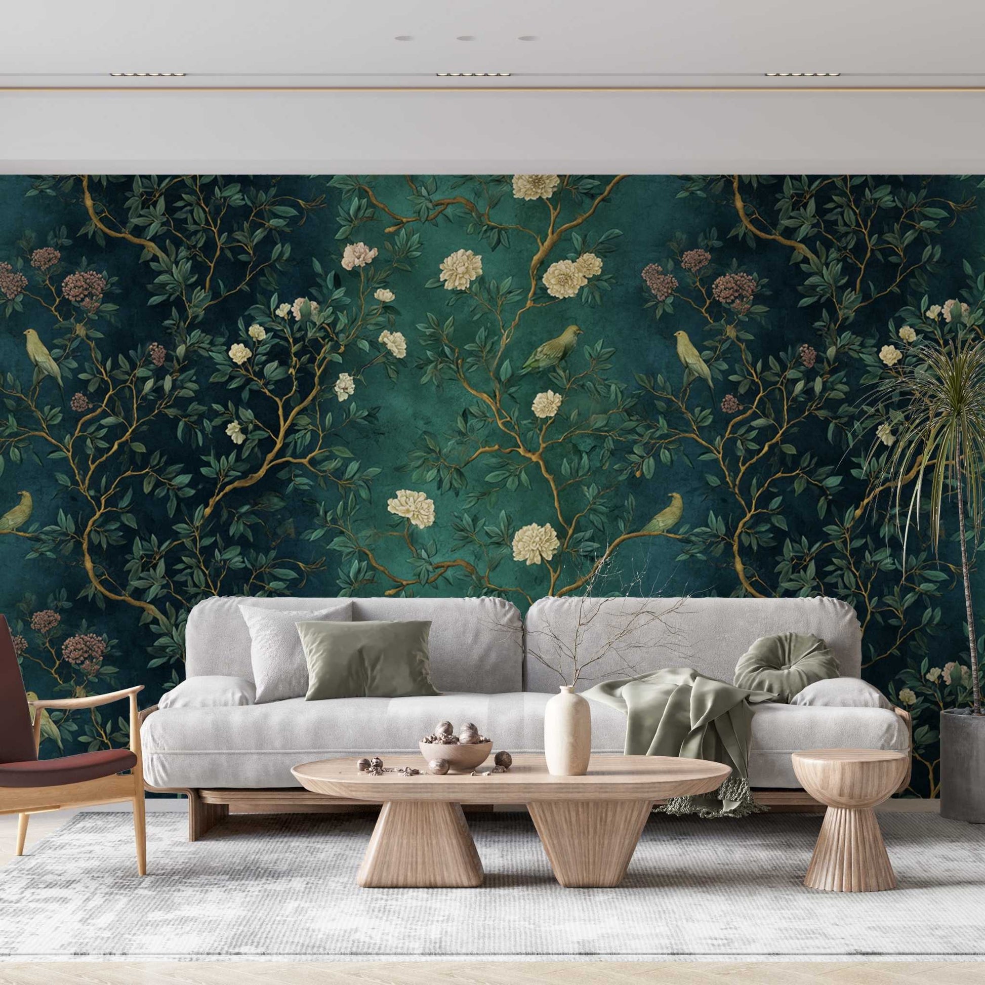 Chinoiserie Botanical Wallpaper Elegant Green Floral Bird Wall Art YM-06010