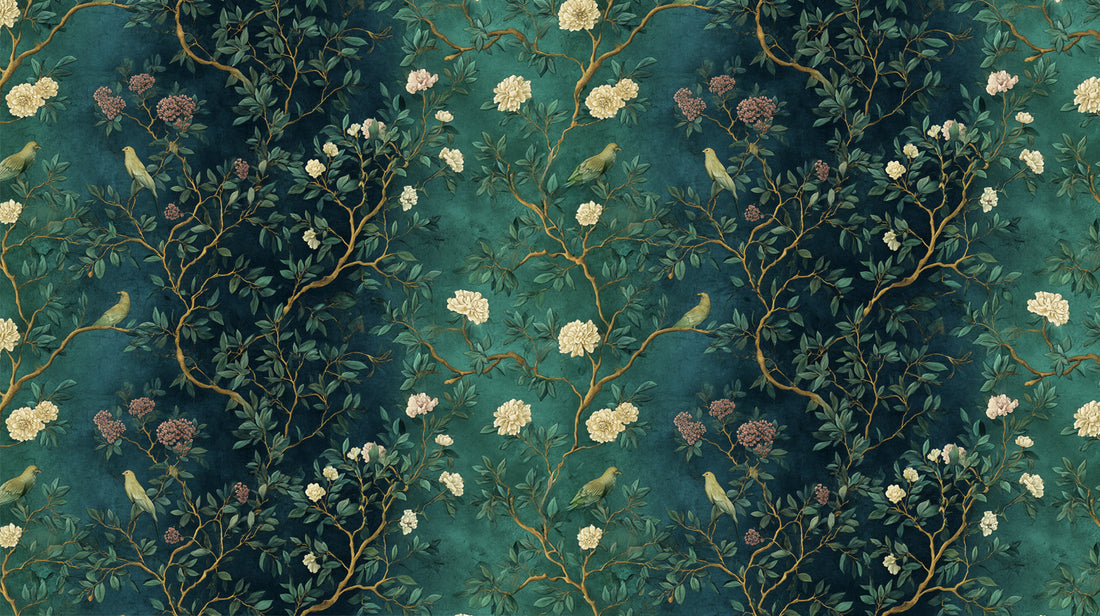 Chinoiserie Botanical Wallpaper Elegant Green Floral Bird Wall Art YM-06010