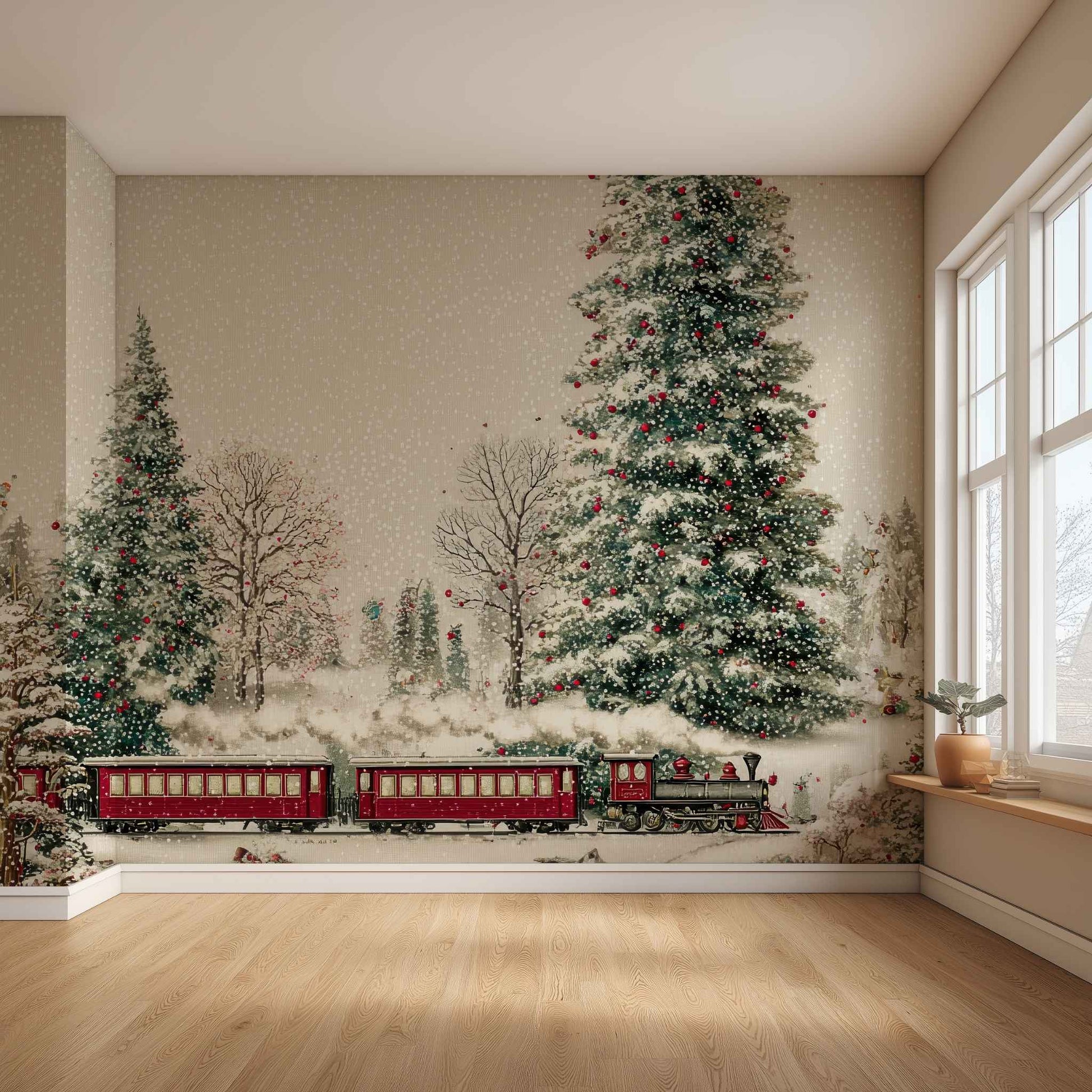 Christmas Train Wallpaper for Walls | Cute Snowy Scene Removable Mural YD-05124