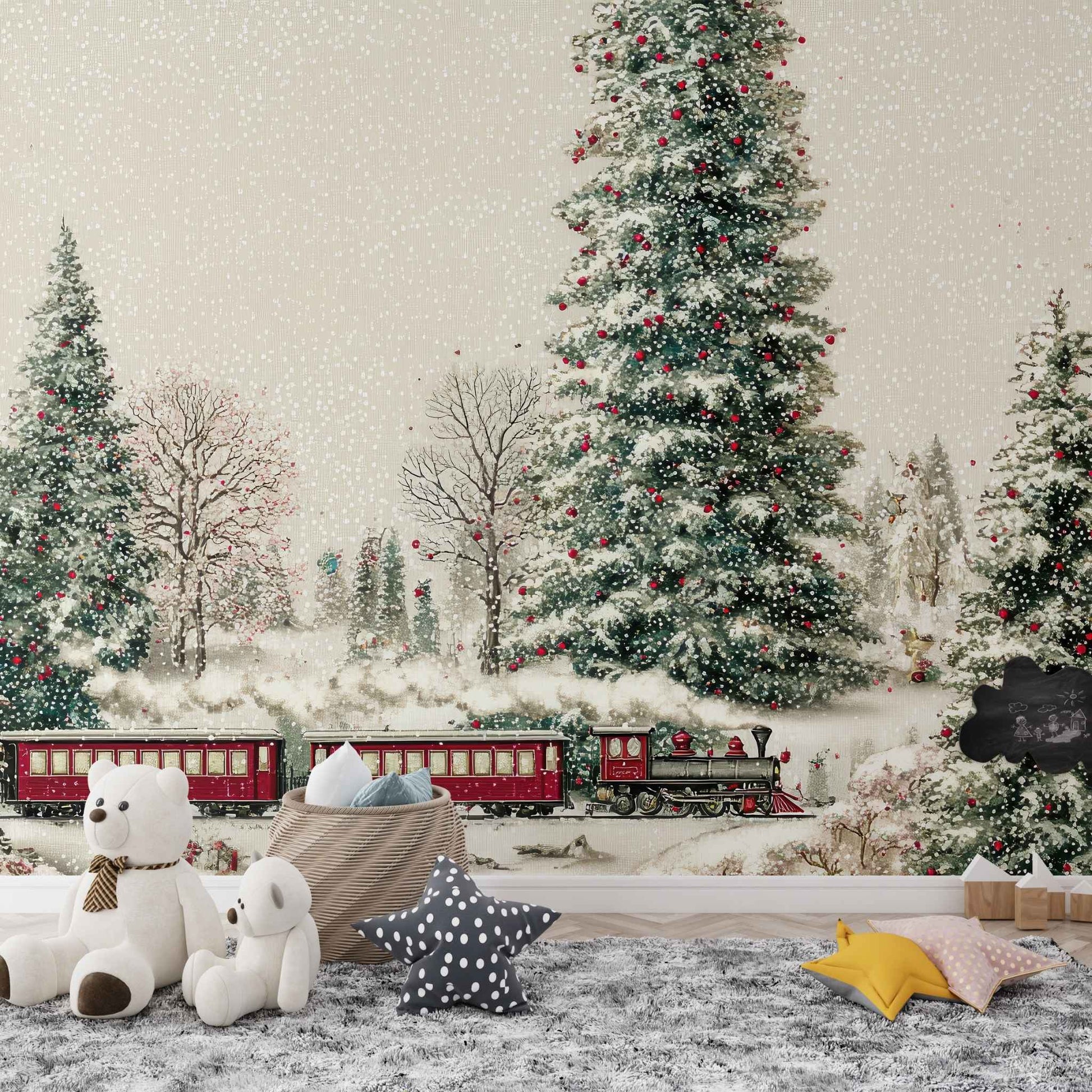 Christmas Train Wallpaper for Walls | Cute Snowy Scene Removable Mural YD-05124