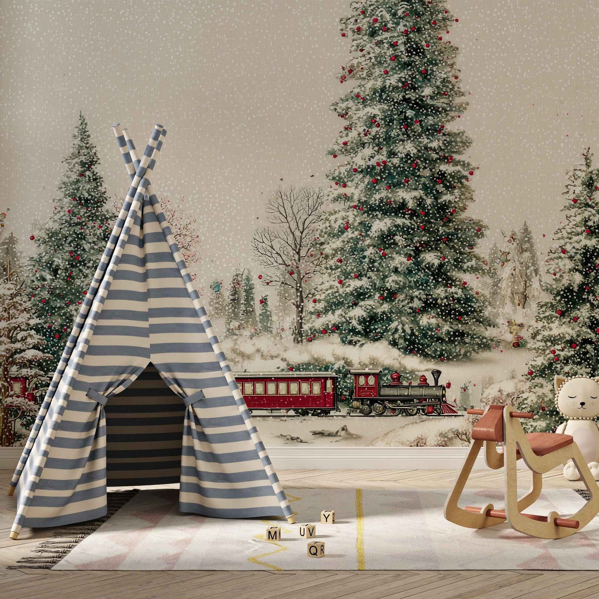 Christmas Train Wallpaper for Walls | Cute Snowy Scene Removable Mural YD-05124