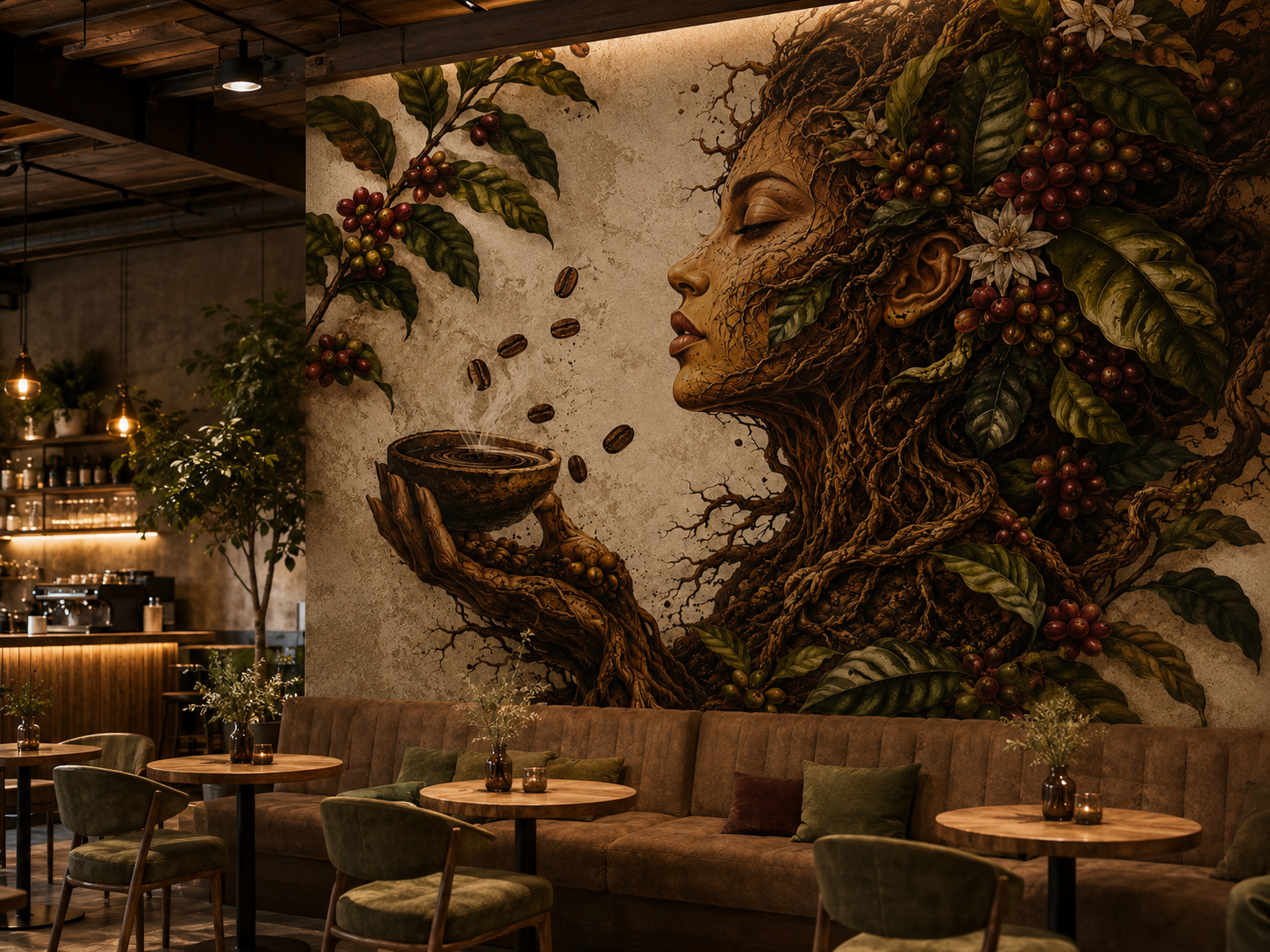 Coffee Shop Wall Mural Botanical Coffee Art Wallpaper for Cafe Bakery and Restaurant YC-06044