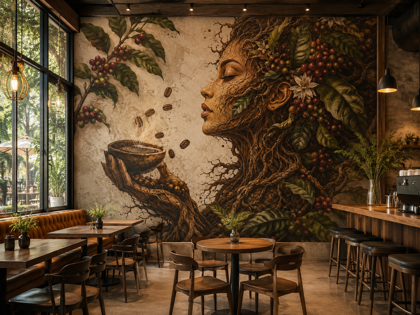 Coffee Shop Wall Mural Botanical Coffee Art Wallpaper for Cafe Bakery and Restaurant YC-06044