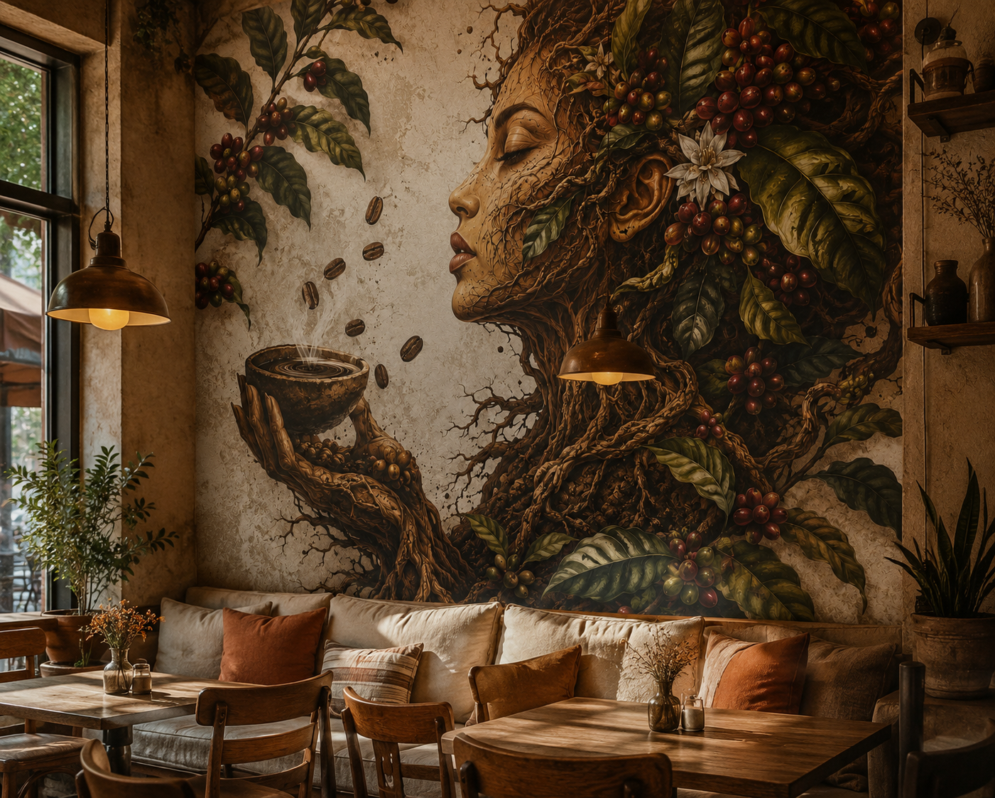 Coffee Shop Wall Mural Botanical Coffee Art Wallpaper for Cafe Bakery and Restaurant YC-06044