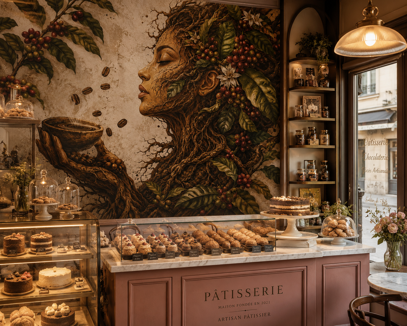 Coffee Shop Wall Mural Botanical Coffee Art Wallpaper for Cafe Bakery and Restaurant YC-06044