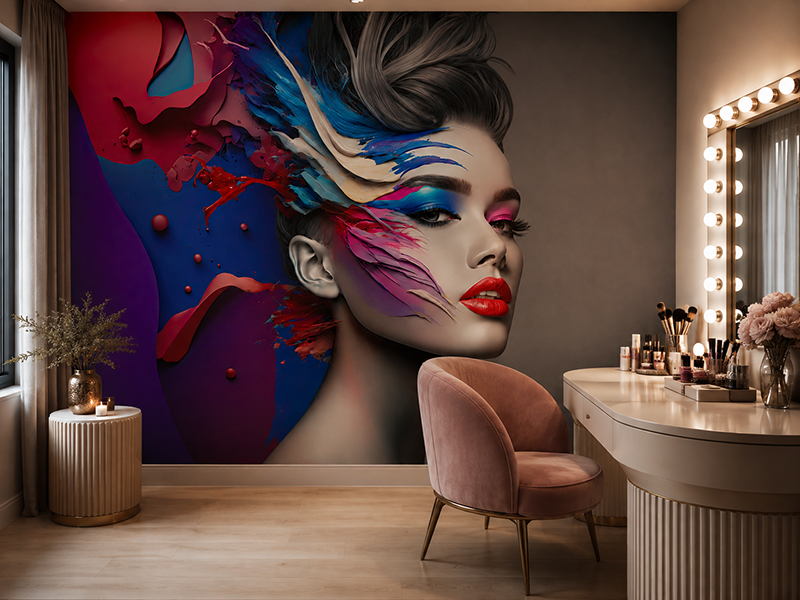 Colorful woman hair salon wallpaper mural installed beside an illuminated makeup vanity, featuring blue, pink and purple abstract portrait art for a beauty studio.