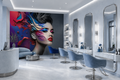 Custom hair salon wallpaper featuring a colorful woman portrait in a modern blue beauty salon with styling chairs, mirrors and a reception area.