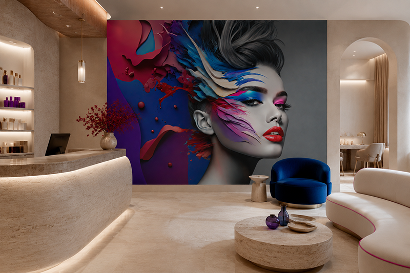 Beauty salon wall mural with a colorful abstract woman portrait installed behind a luxury spa reception desk and modern waiting lounge.