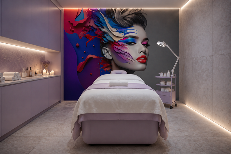 Spa salon wallpaper featuring a colorful woman wall mural behind a professional facial treatment bed in a modern esthetician beauty room.