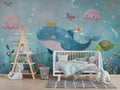 Cute Ocean Animals Wallpaper, Whales Octopus and Sea Turtle Wall Art YCO-05081
