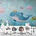Cute Ocean Animals Wallpaper, Whales Octopus and Sea Turtle Wall Art YCO-05081