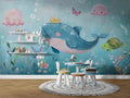 Cute Ocean Animals Wallpaper, Whales Octopus and Sea Turtle Wall Art YCO-05081