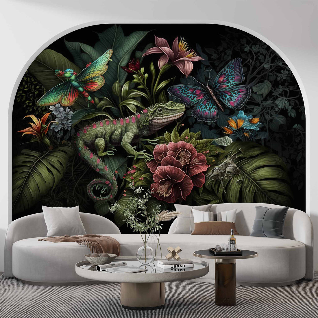 Dark Botanical Wallpaper, Chameleon and Butterflies Mural YF-00327