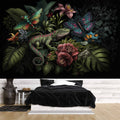 Dark Botanical Wallpaper, Chameleon and Butterflies Mural YF-00327