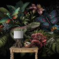 Dark Botanical Wallpaper, Chameleon and Butterflies Mural YF-00327