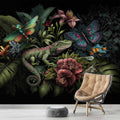 Dark Botanical Wallpaper, Chameleon and Butterflies Mural YF-00327