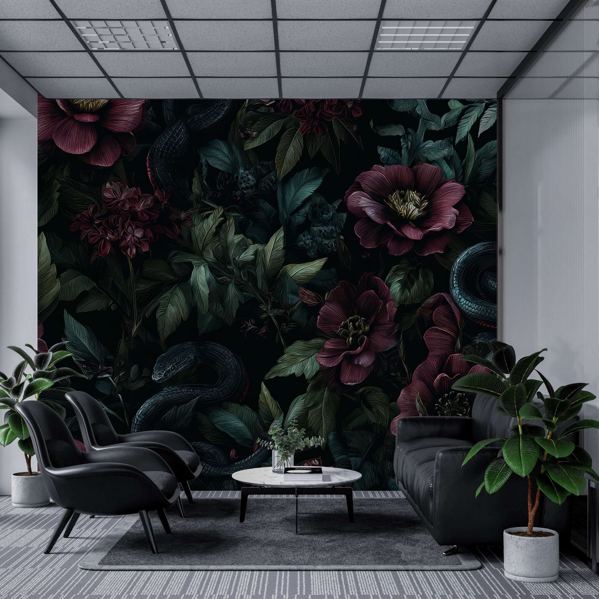 Dark Botanical Wallpaper Floral Snake Wall Mural Elegant Dark Floral Wallpaper YD-06002