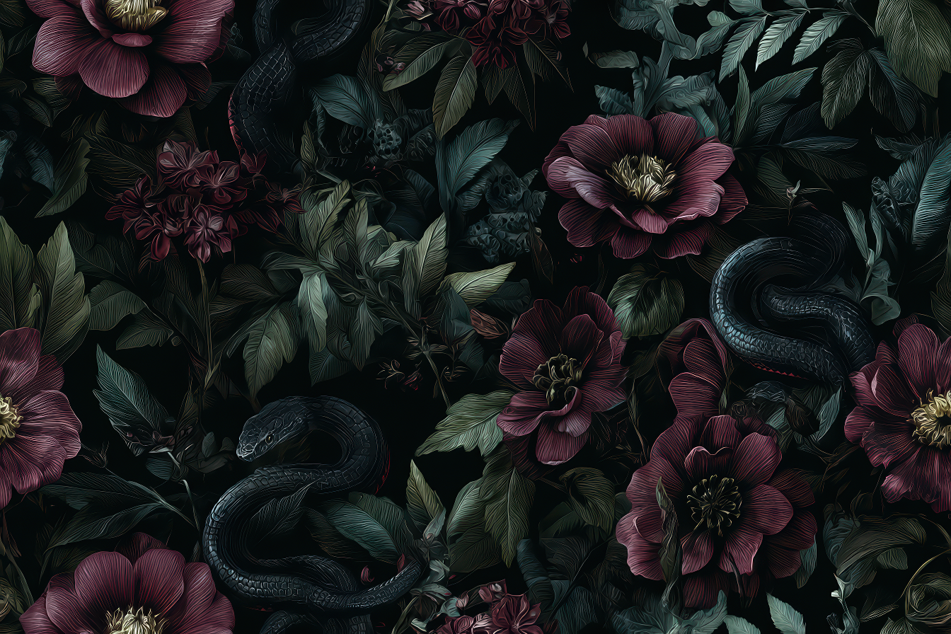 Dark Botanical Wallpaper Floral Snake Wall Mural Elegant Dark Floral Wallpaper YD-06002
