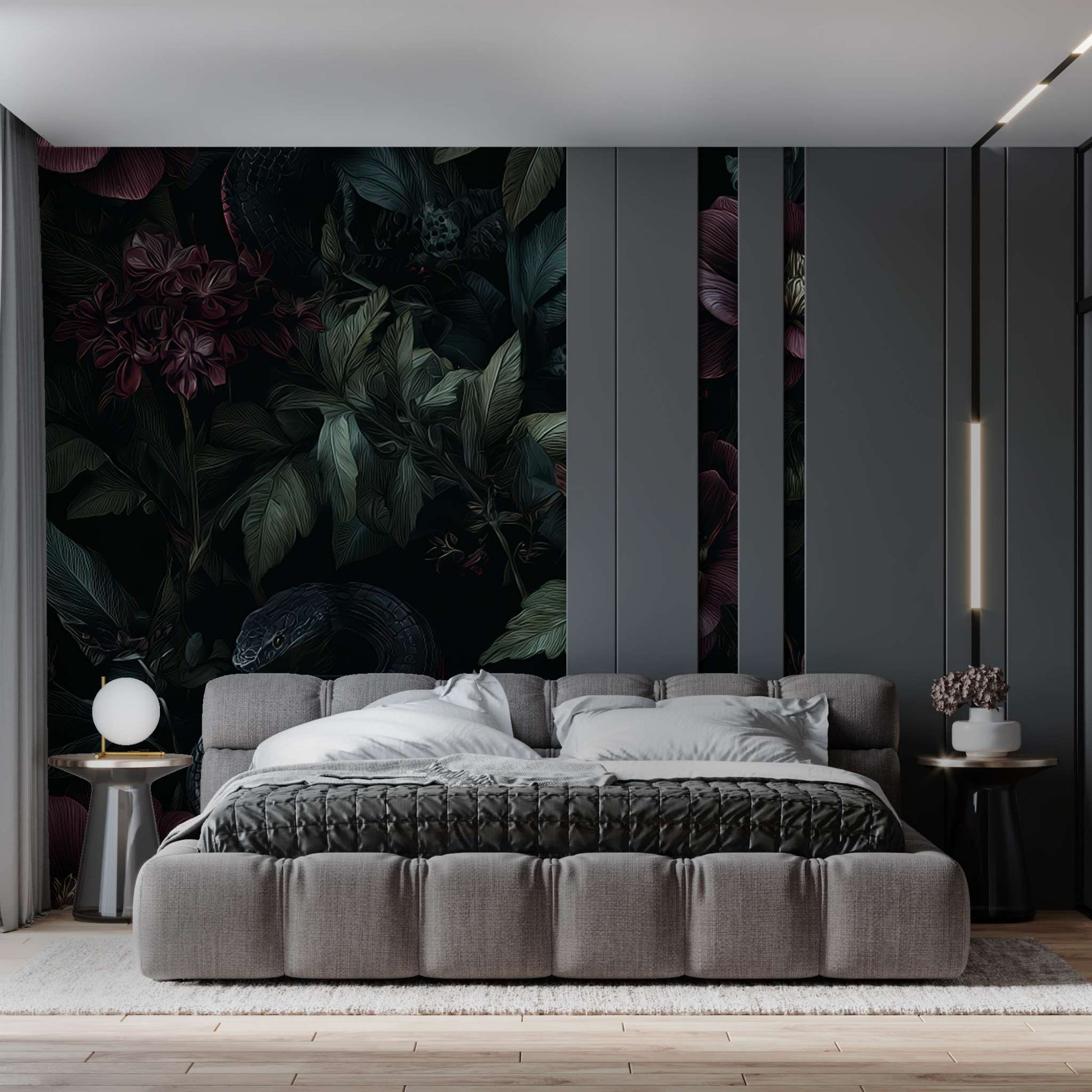 Dark Botanical Wallpaper Floral Snake Wall Mural Elegant Dark Floral Wallpaper YD-06002
