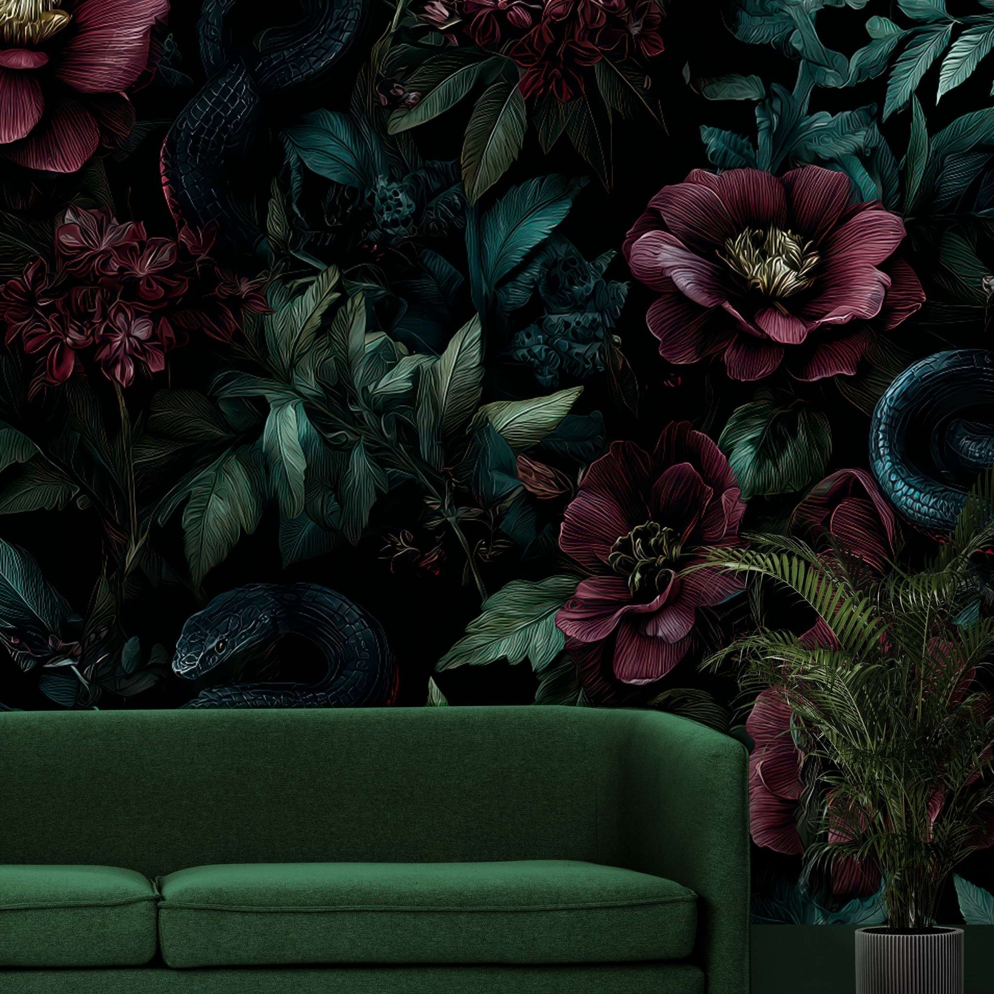 Dark Botanical Wallpaper Floral Snake Wall Mural Elegant Dark Floral Wallpaper YD-06002