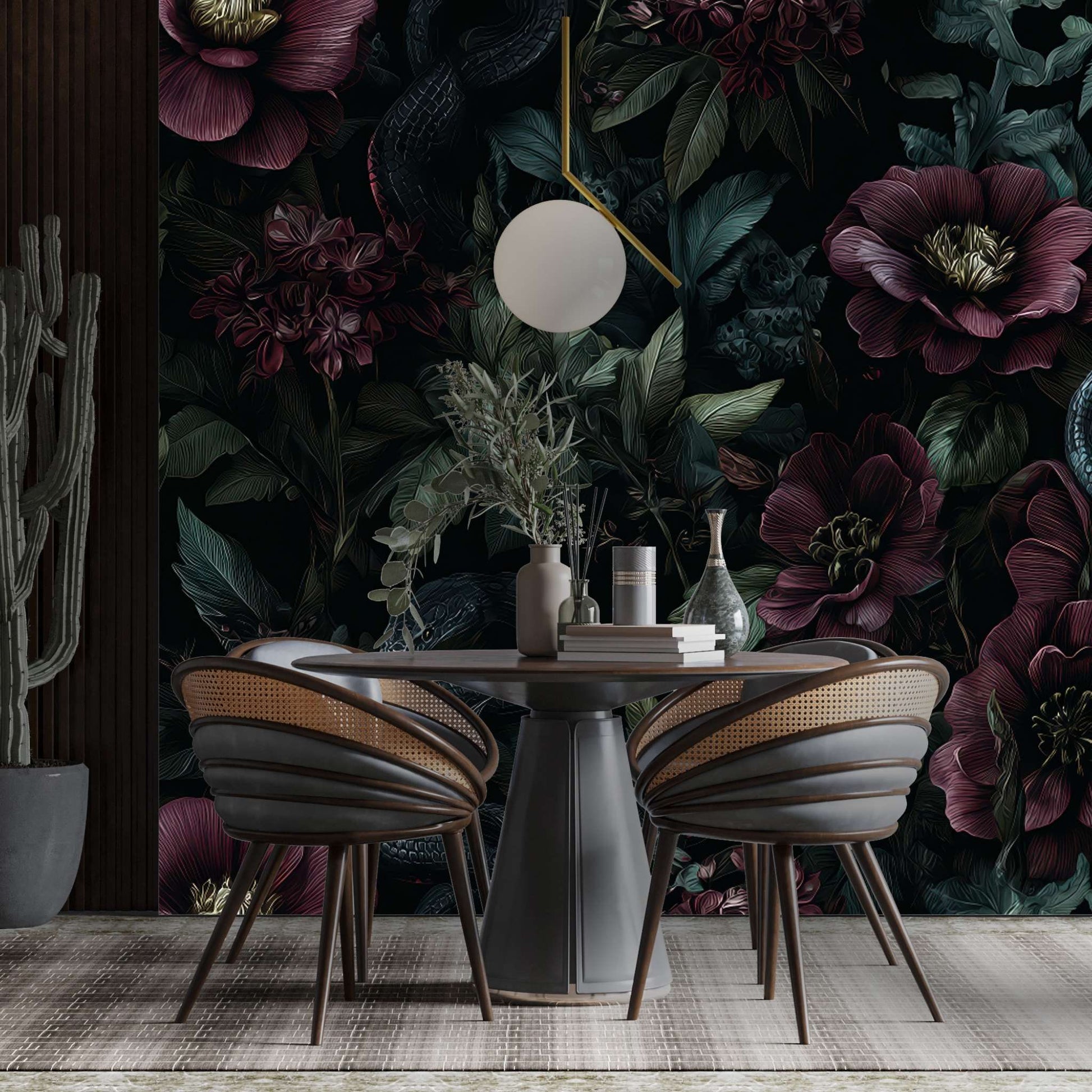 Dark Botanical Wallpaper Floral Snake Wall Mural Elegant Dark Floral Wallpaper YD-06002