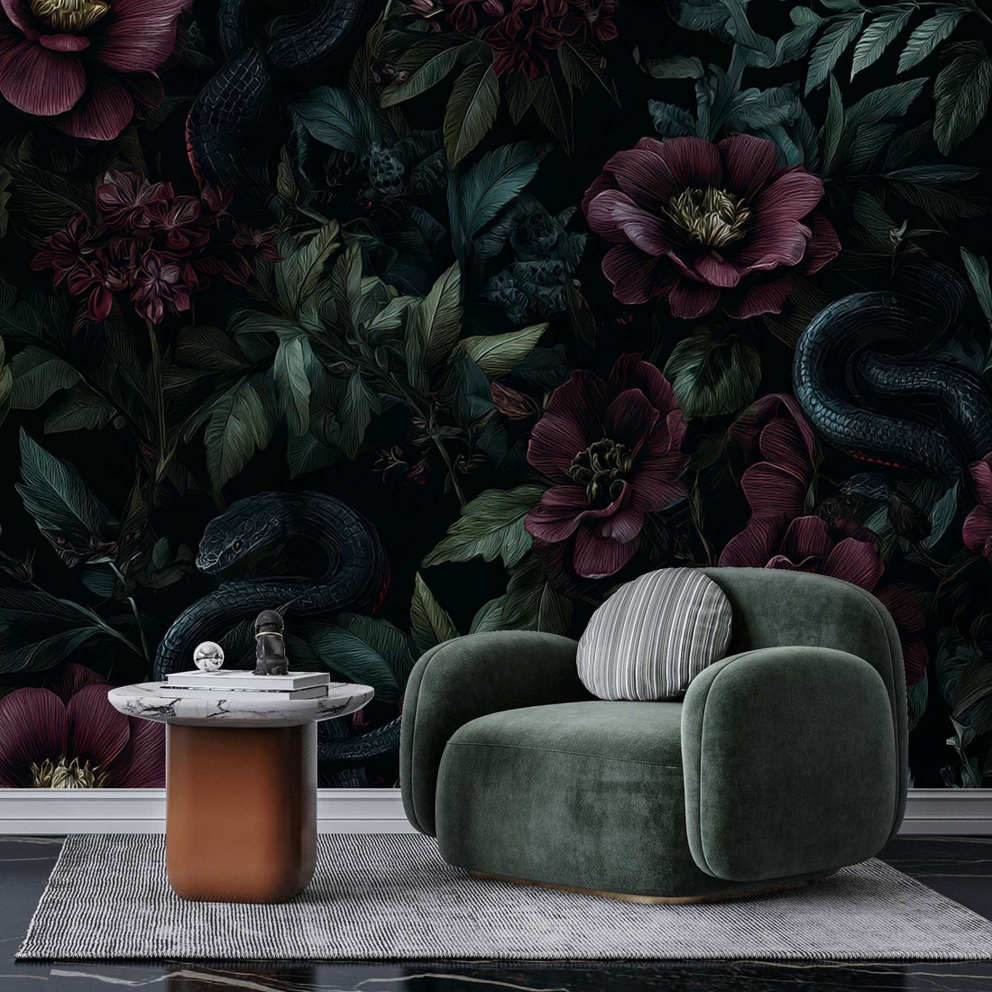 Dark Botanical Wallpaper Floral Snake Wall Mural Elegant Dark Floral Wallpaper YD-06002