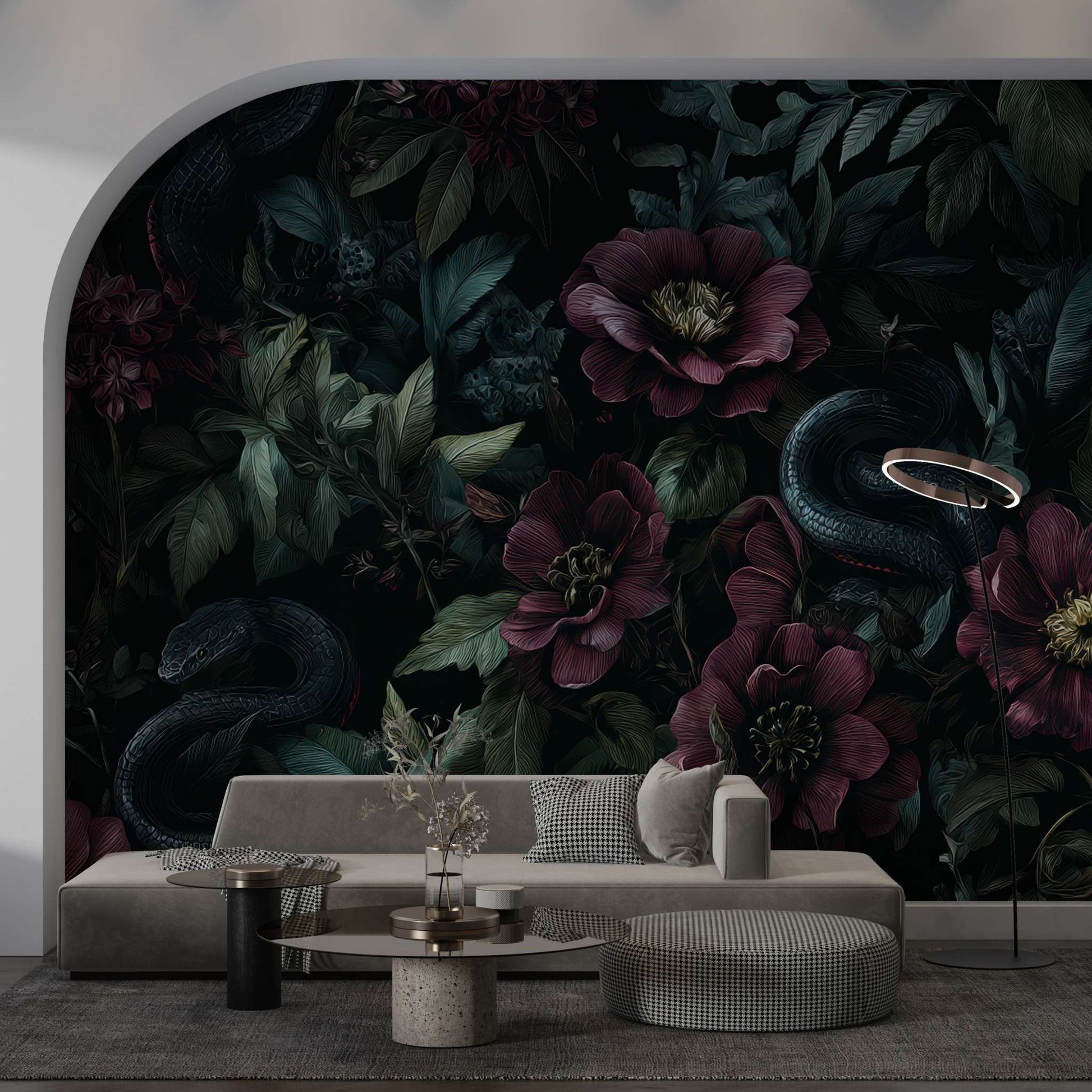 Dark Botanical Wallpaper Floral Snake Wall Mural Elegant Dark Floral Wallpaper YD-06002
