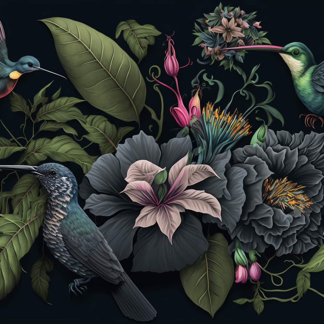 Dark Botanical Wallpaper | Hummingbird Wall Mural 