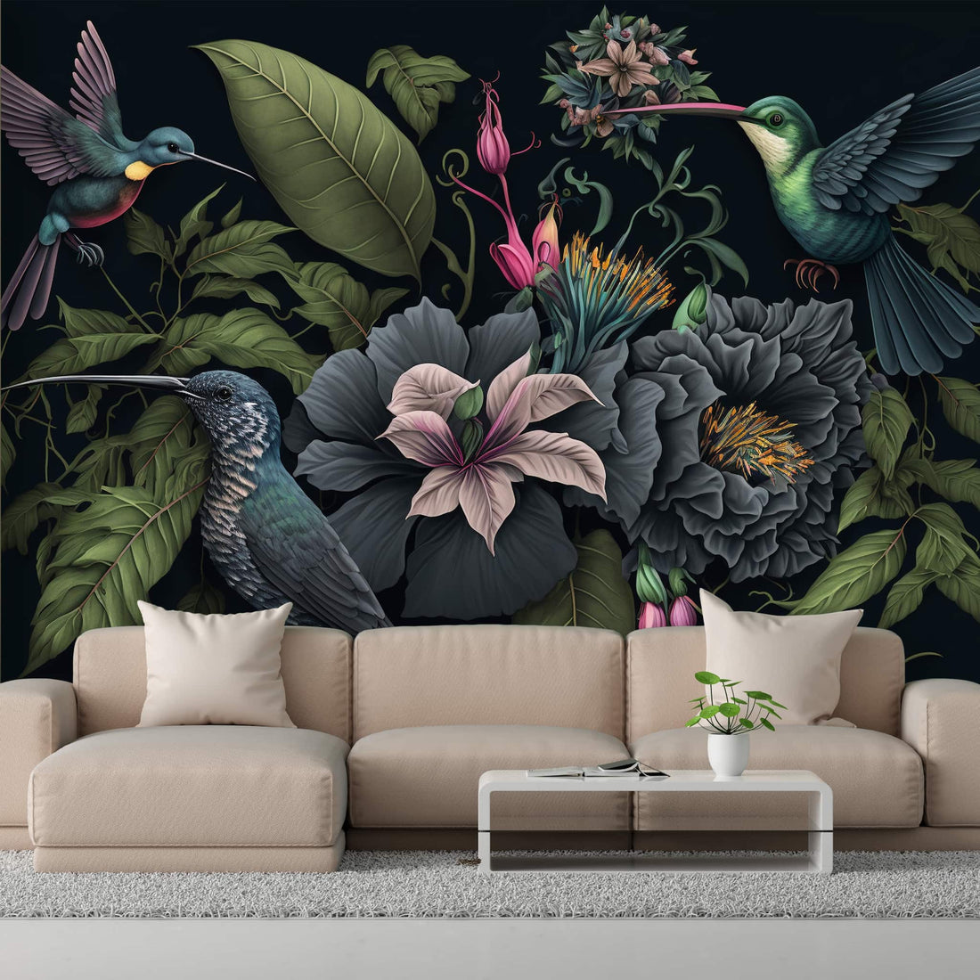 Dark Botanical Wallpaper | Hummingbird Wall Mural 