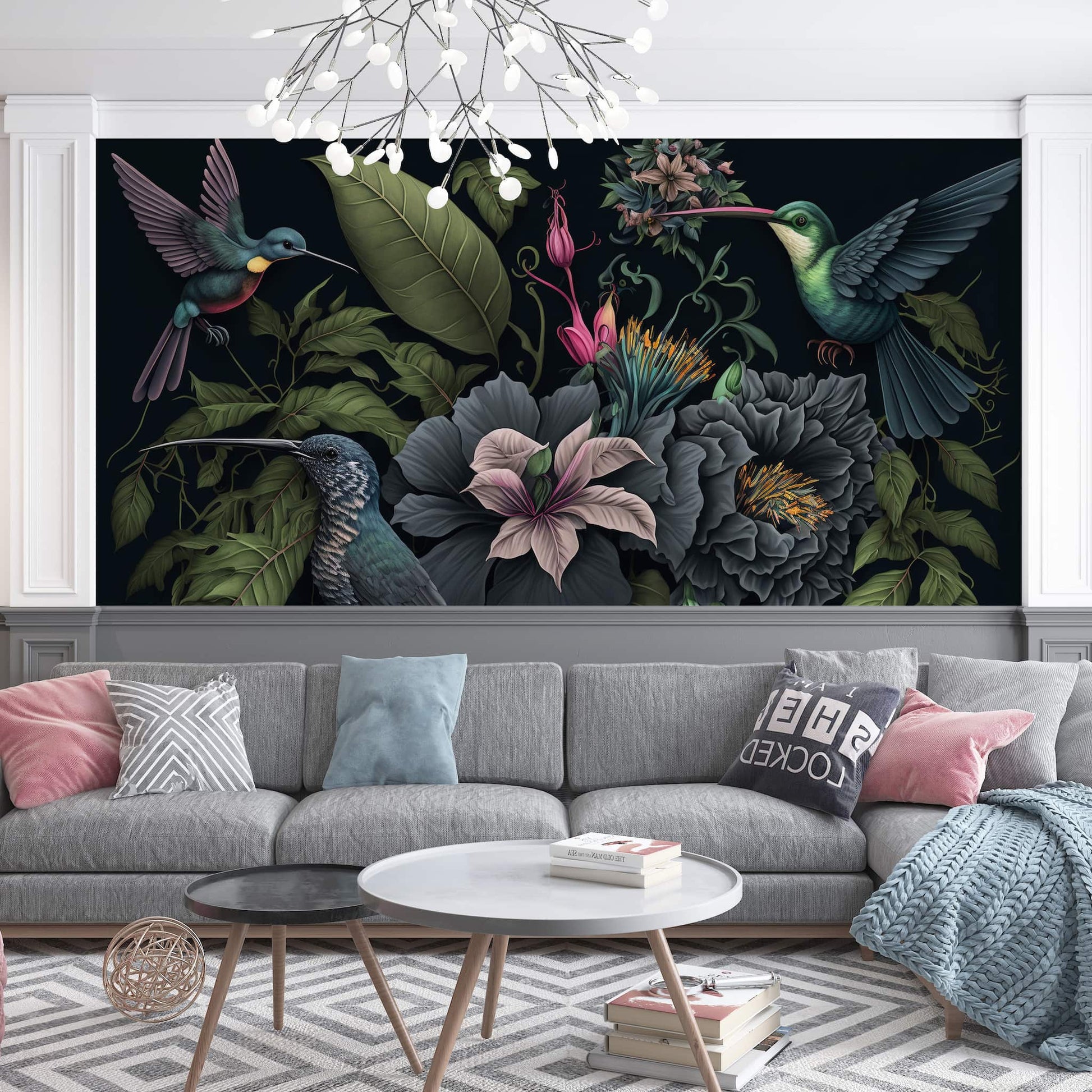 Dark Botanical Wallpaper | Hummingbird Wall Mural 