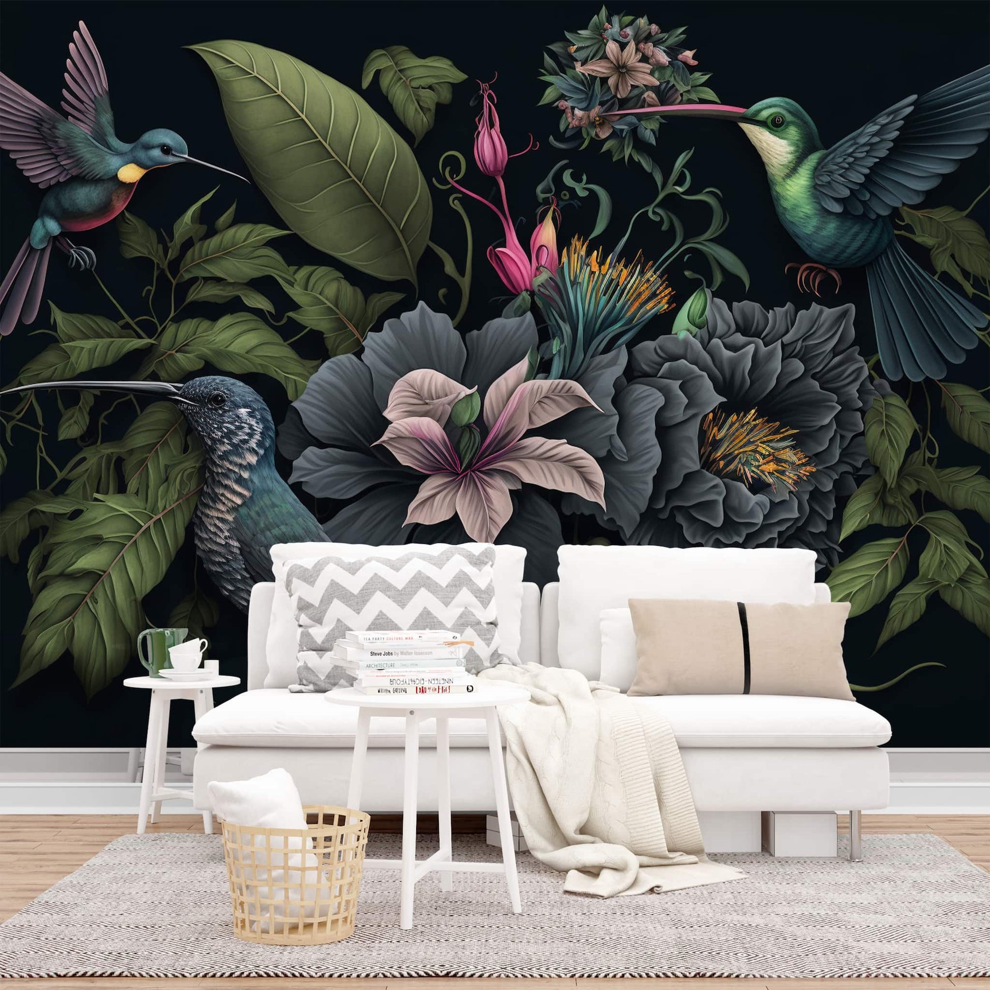 Dark Botanical Wallpaper | Hummingbird Wall Mural 
