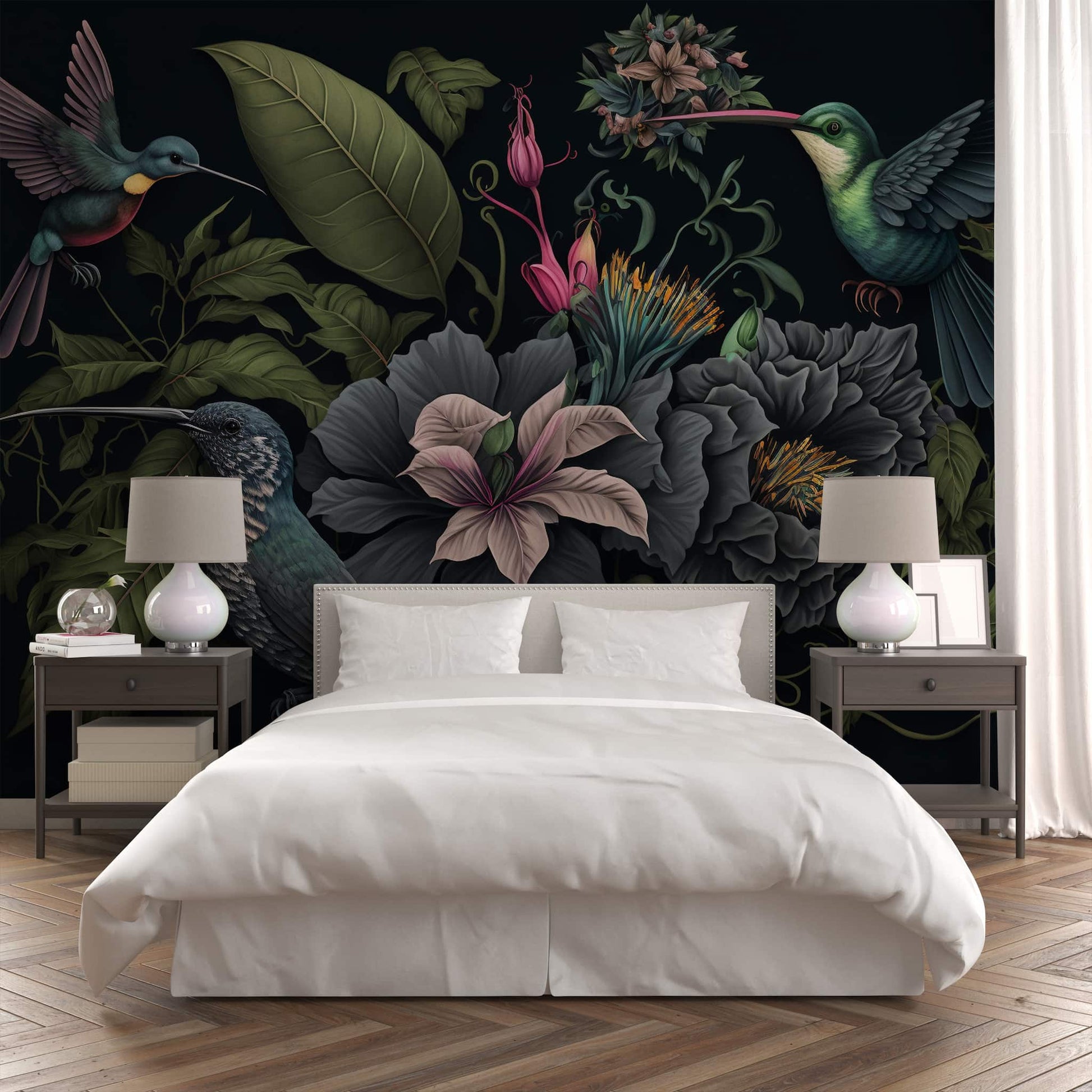 Dark Botanical Wallpaper | Hummingbird Wall Mural 