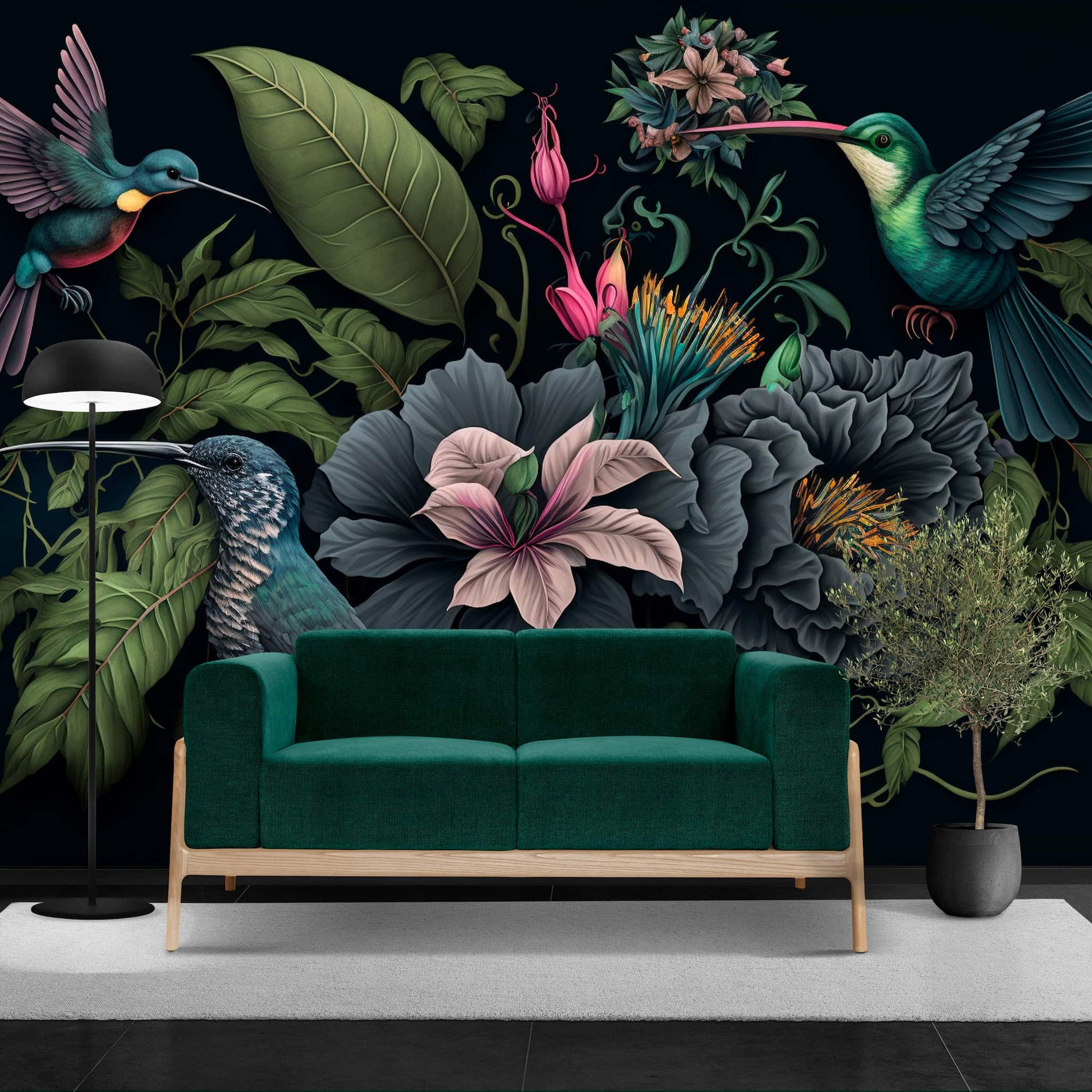 Dark Botanical Wallpaper | Hummingbird Wall Mural 