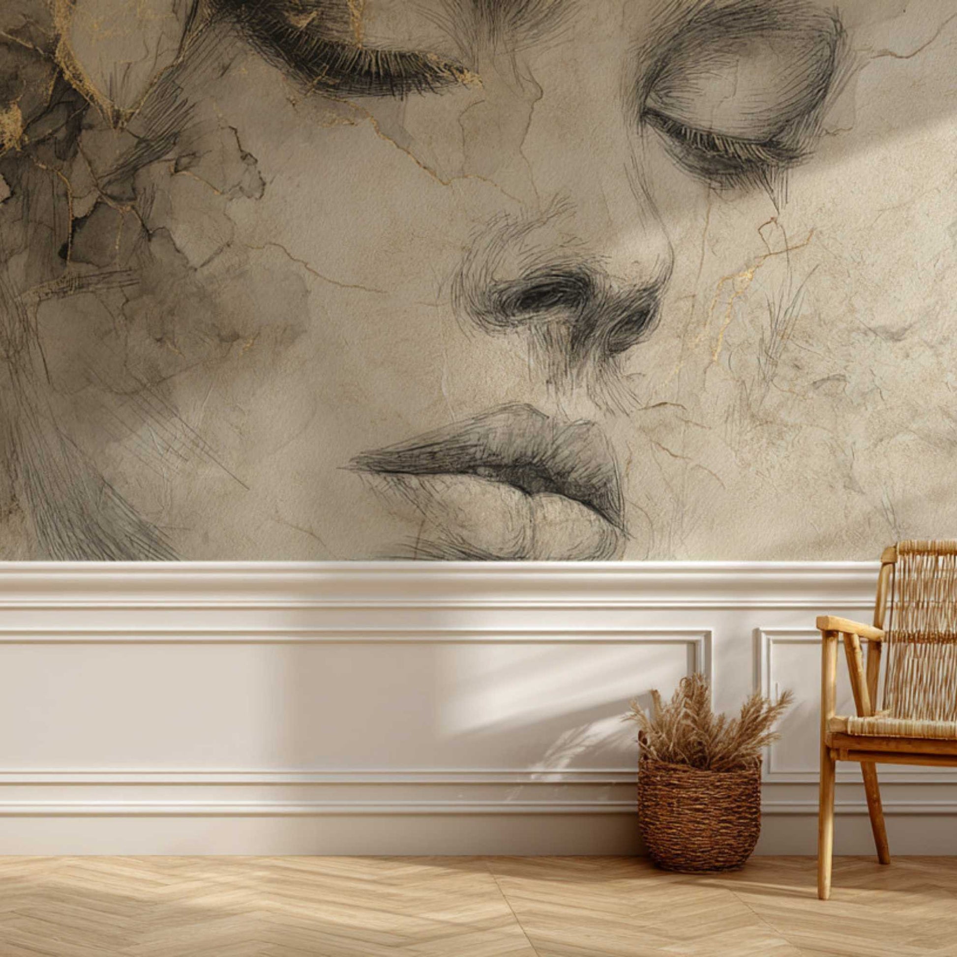 Elegant Sketch Woman Wallpaper Soft Minimal Portrait Wall Mural YK-06037