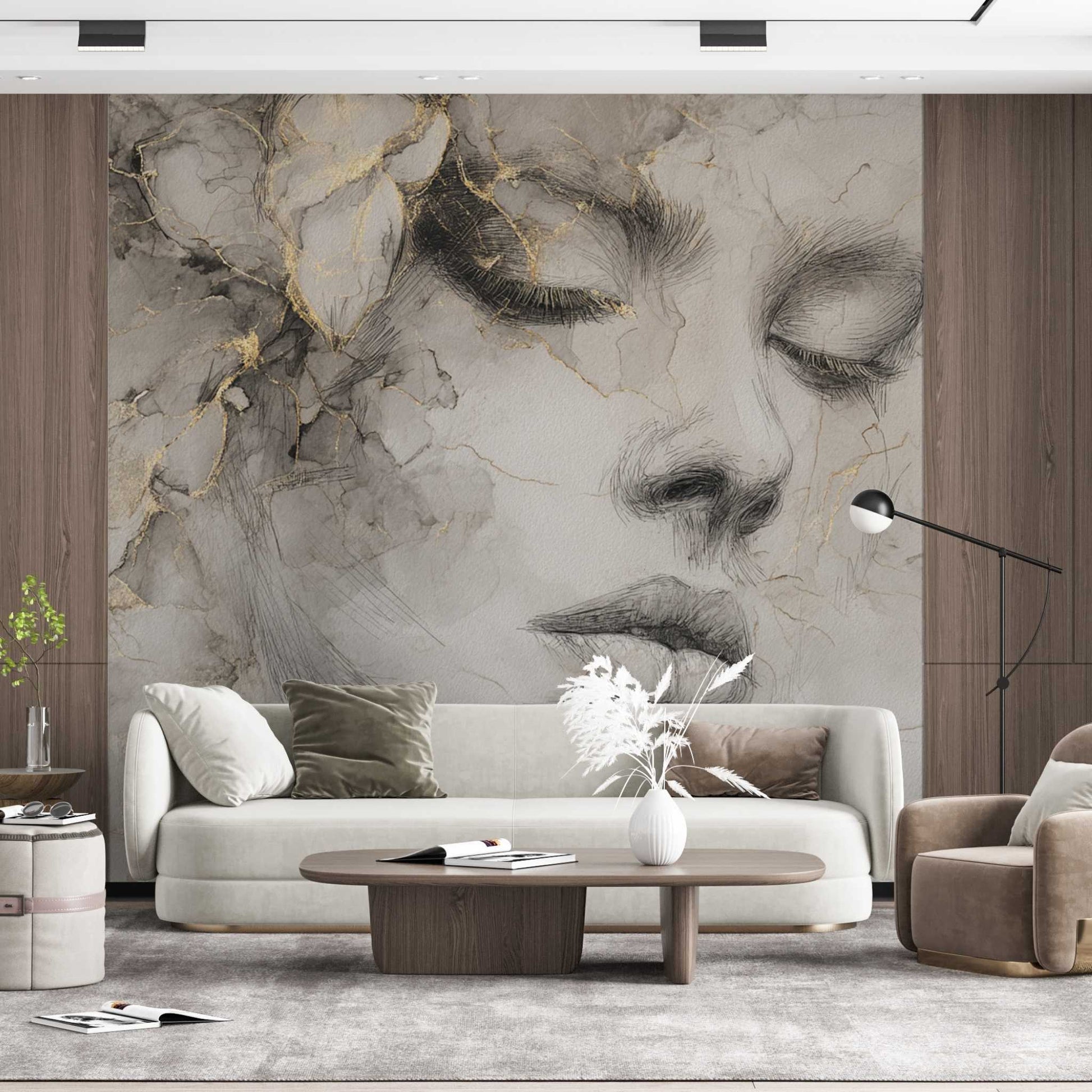 Elegant Sketch Woman Wallpaper Soft Minimal Portrait Wall Mural YK-06037