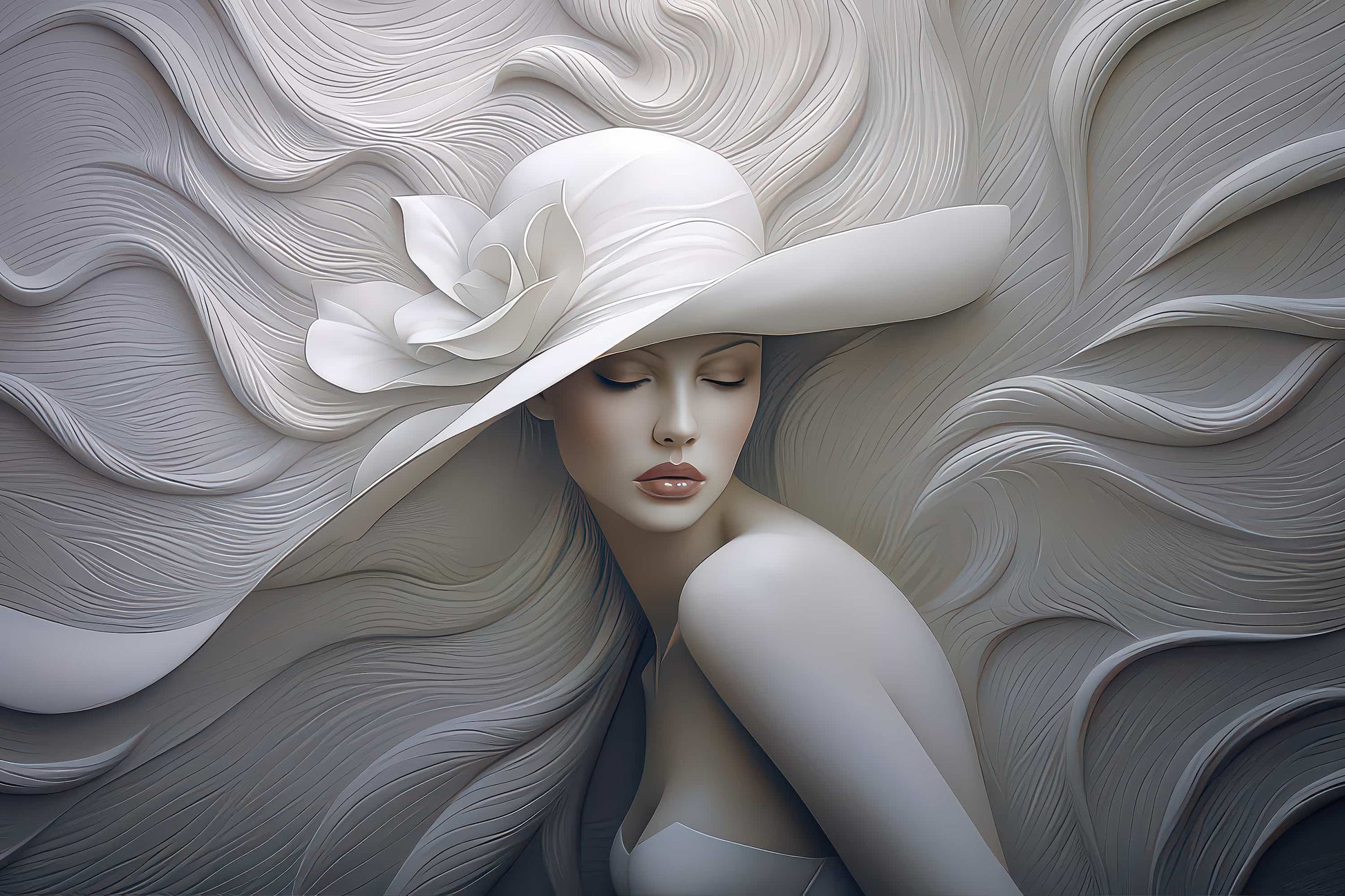 Embossed Woman With Hat Wallpaper, 3D Wall Illusion YK-05060