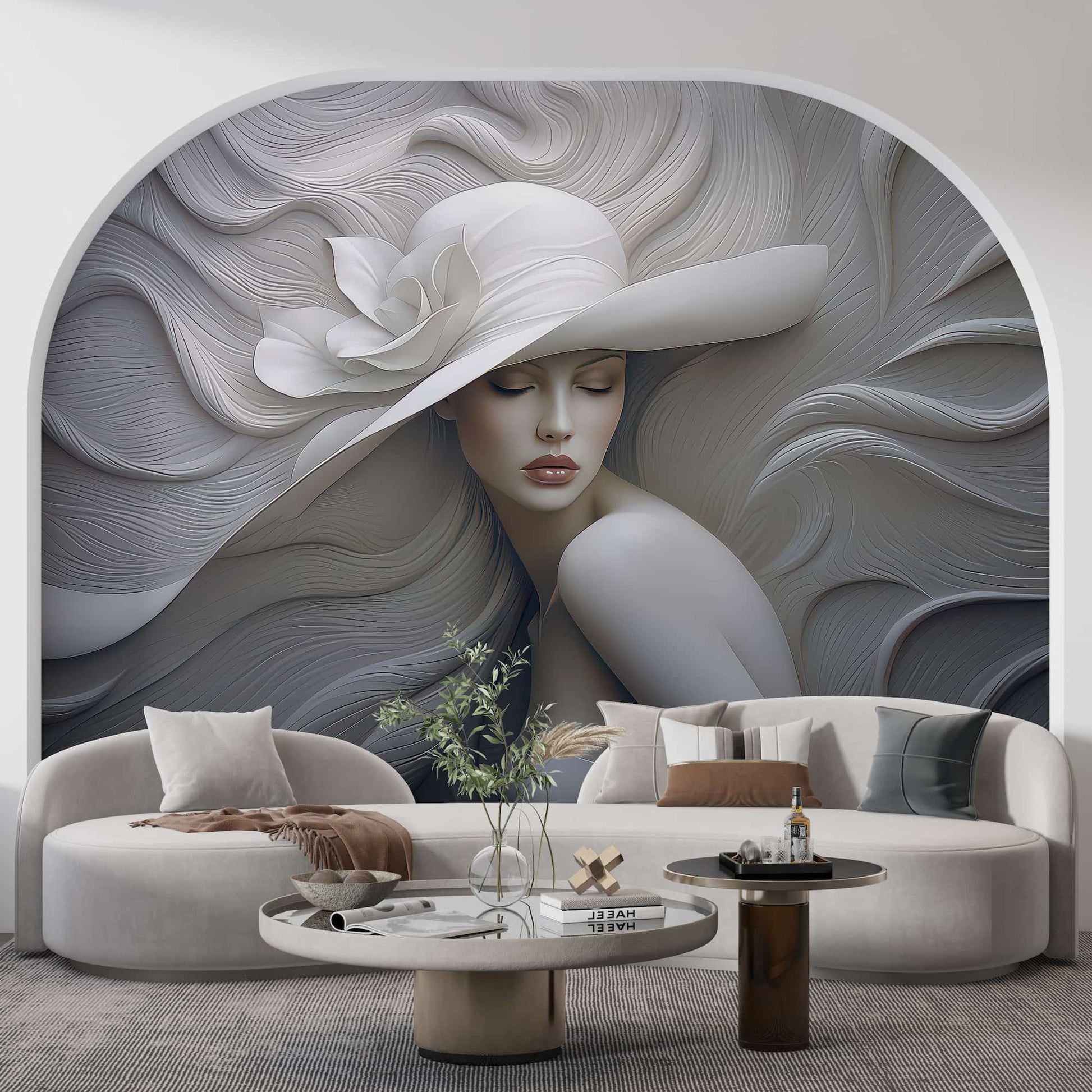 Embossed Woman With Hat Wallpaper, 3D Wall Illusion YK-05060