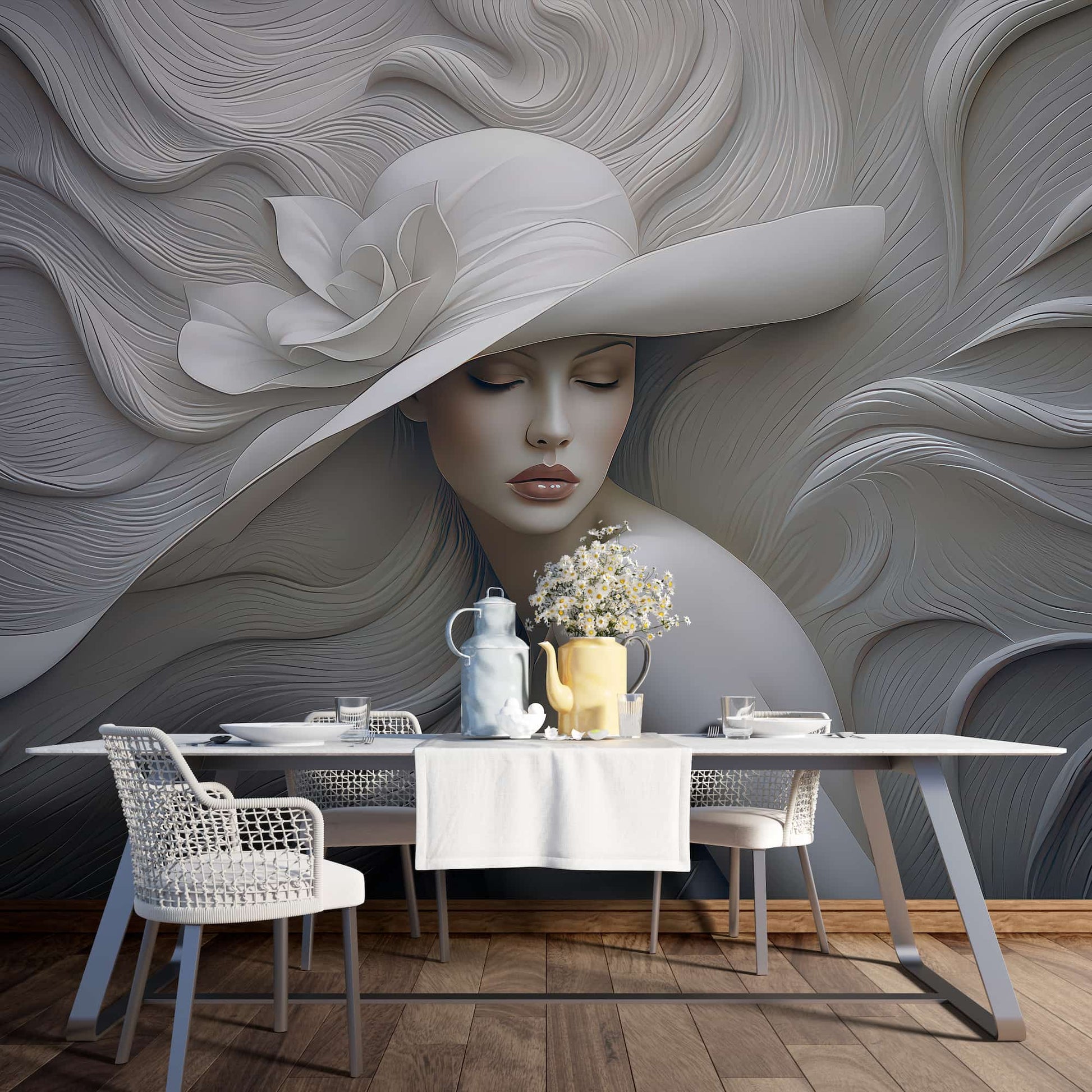 Embossed Woman With Hat Wallpaper, 3D Wall Illusion YK-05060