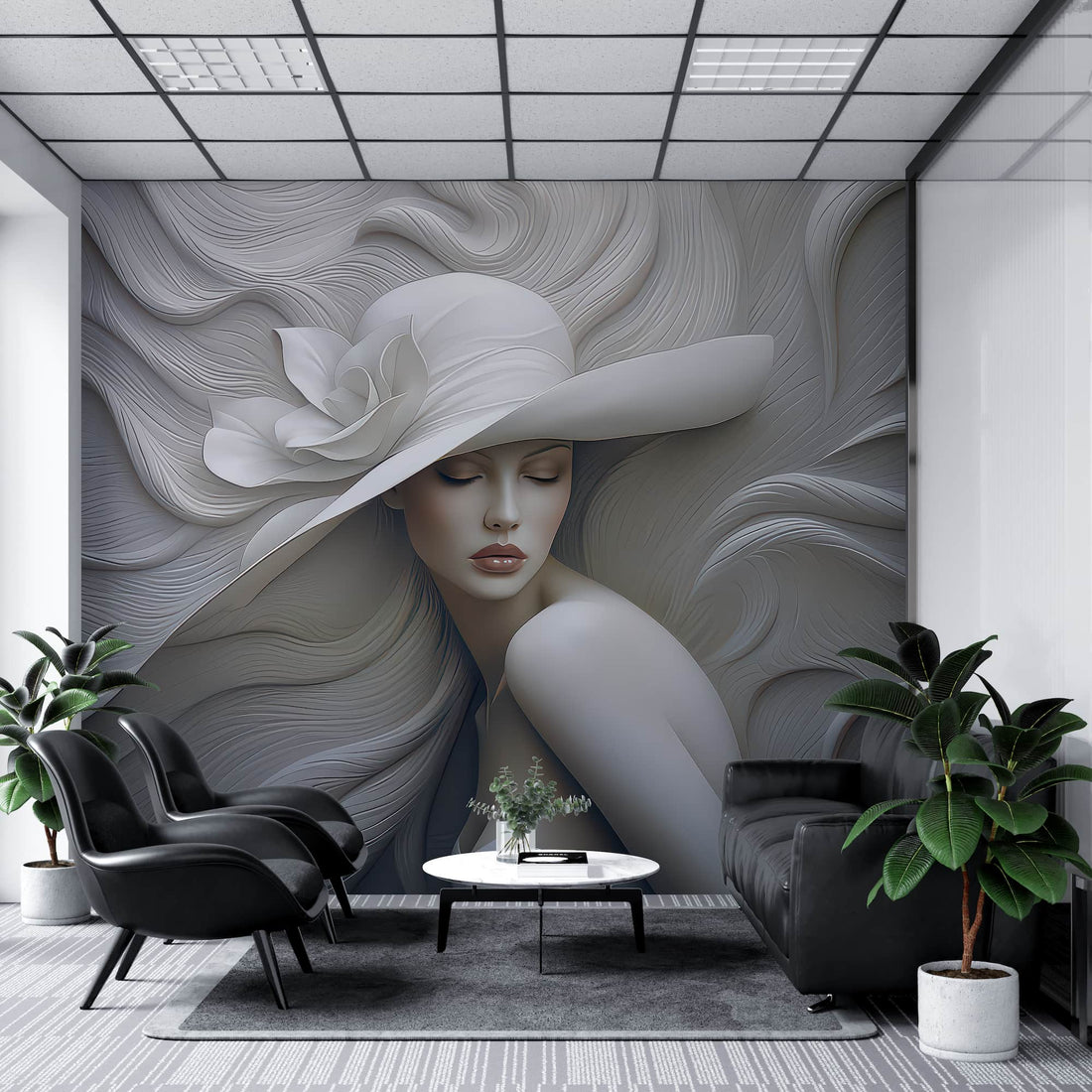 Embossed Woman With Hat Wallpaper, 3D Wall Illusion YK-05060