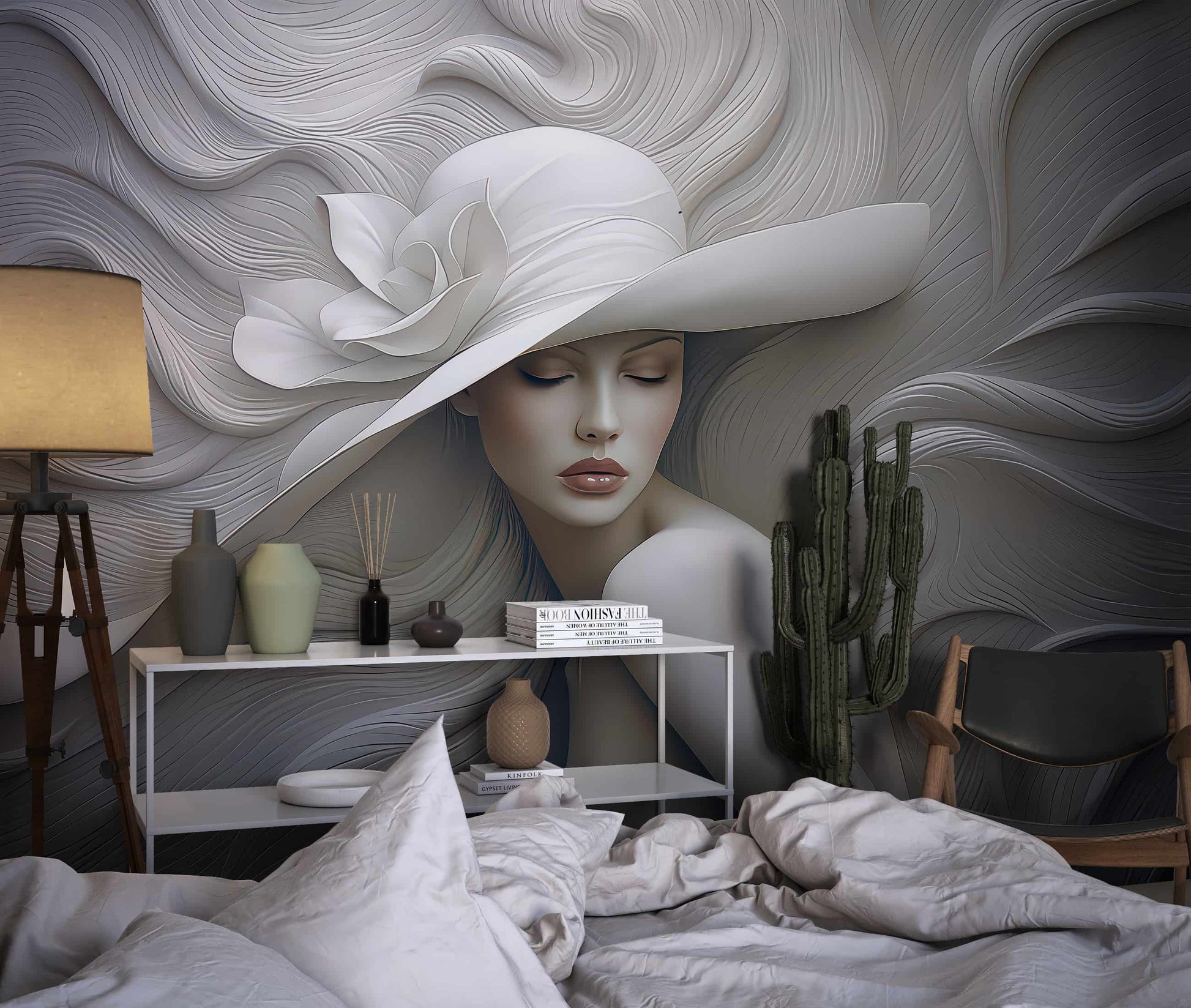 Embossed Woman With Hat Wallpaper, 3D Wall Illusion YK-05060