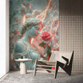 Embossed Woman and Pink Rose Wallpaper | 3D Relief Wall Decal 