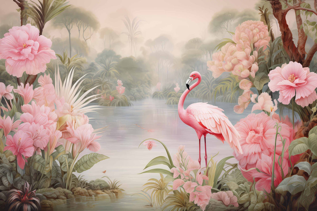 Flamino and Pink Flowers Wallpaper | Japanese Mural YH-02325