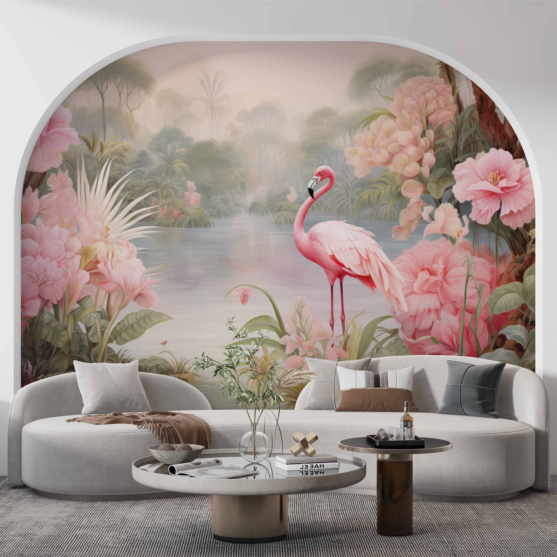 Flamino and Pink Flowers Wallpaper | Japanese Mural YH-02325