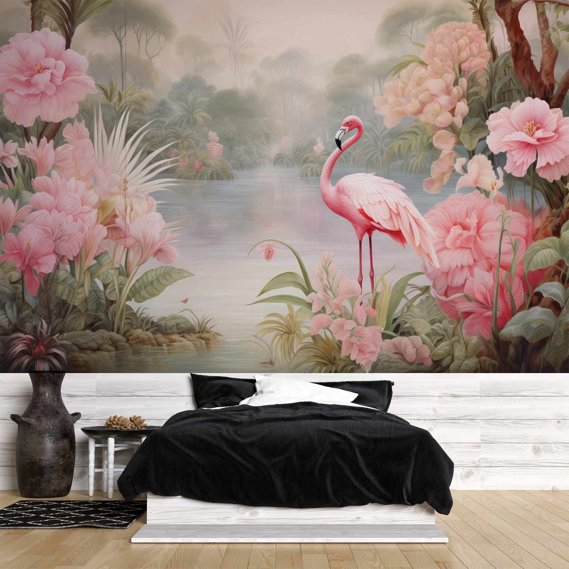 Flamino and Pink Flowers Wallpaper | Japanese Mural YH-02325