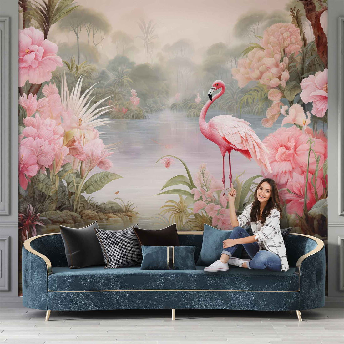 Flamino and Pink Flowers Wallpaper | Japanese Mural YH-02325